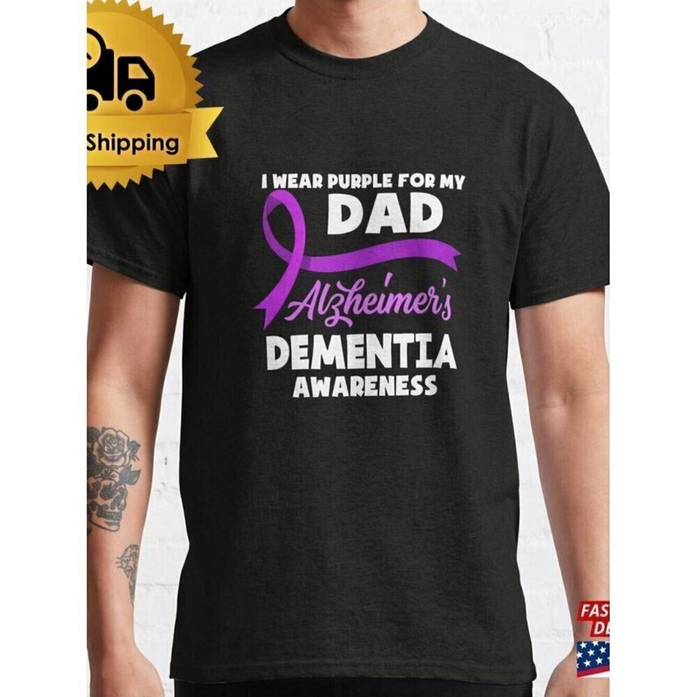 Alzheimers Awareness Purple Ribbon Support Graphic Unisex T-Shirt .
